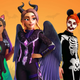 A woman in a black and purple Halloween costume stands in front of two other people wearing spooky clothes.